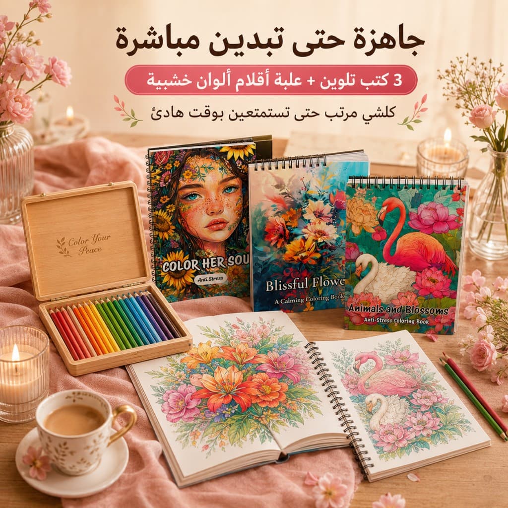 3 كتب تلوين وعلبة أقلام خشبية جاهزة للاستخدام