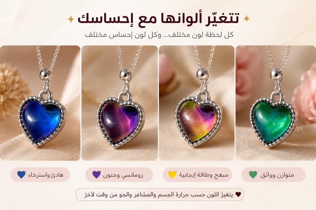 قلادة القلب السحري — تتغيّر ألوانها مع إحساسك: أزرق للهدوء، بنفسجي للرومانسية، أصفر للطاقة، أخضر للتوازن